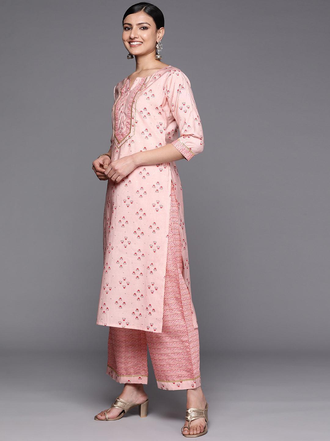 Peach Printed Silk Blend Straight Kurta Set With Palazzos - ShopLibas 