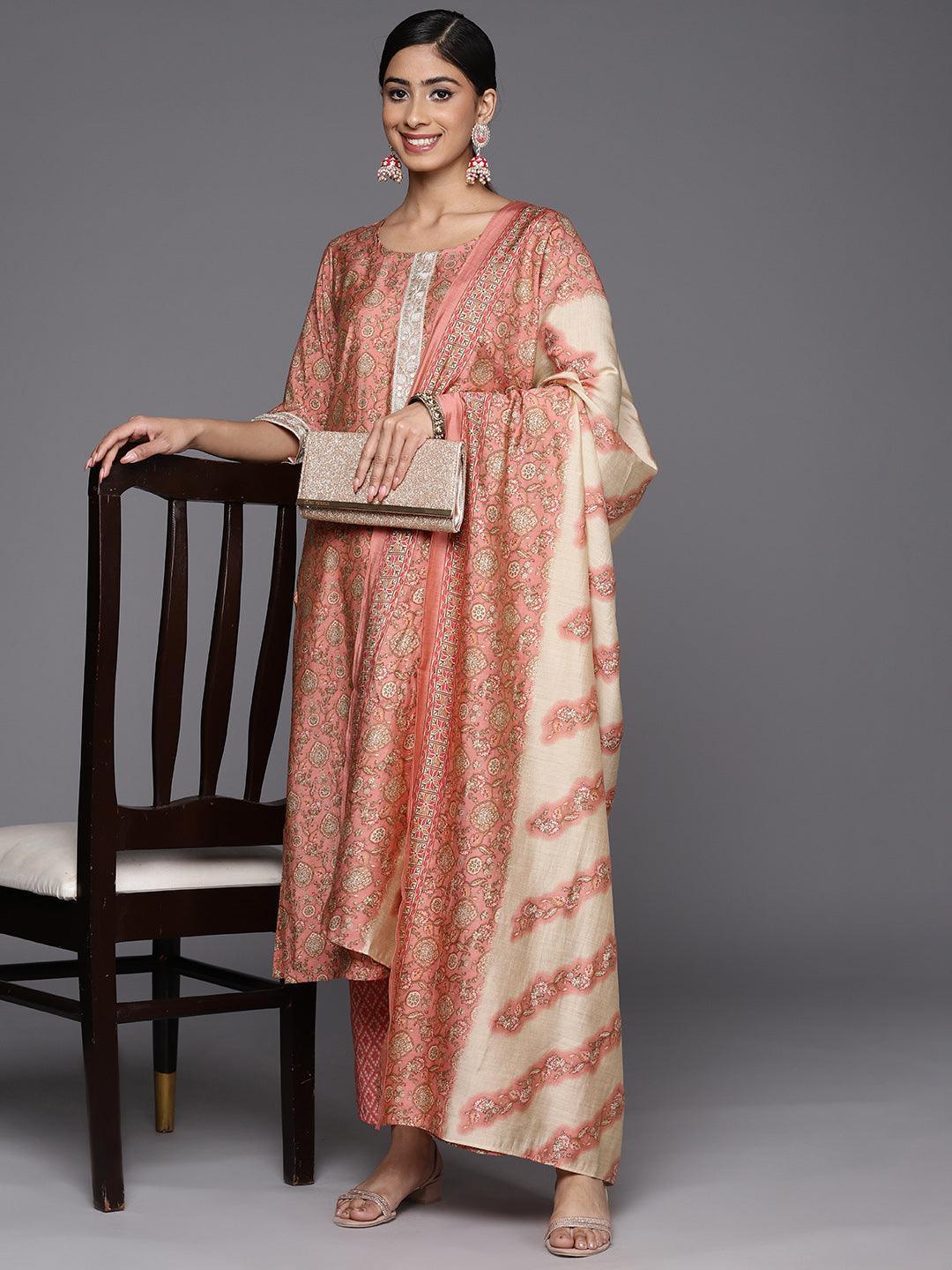 Peach Printed Silk Blend Straight Suit Set With Trousers - ShopLibas 