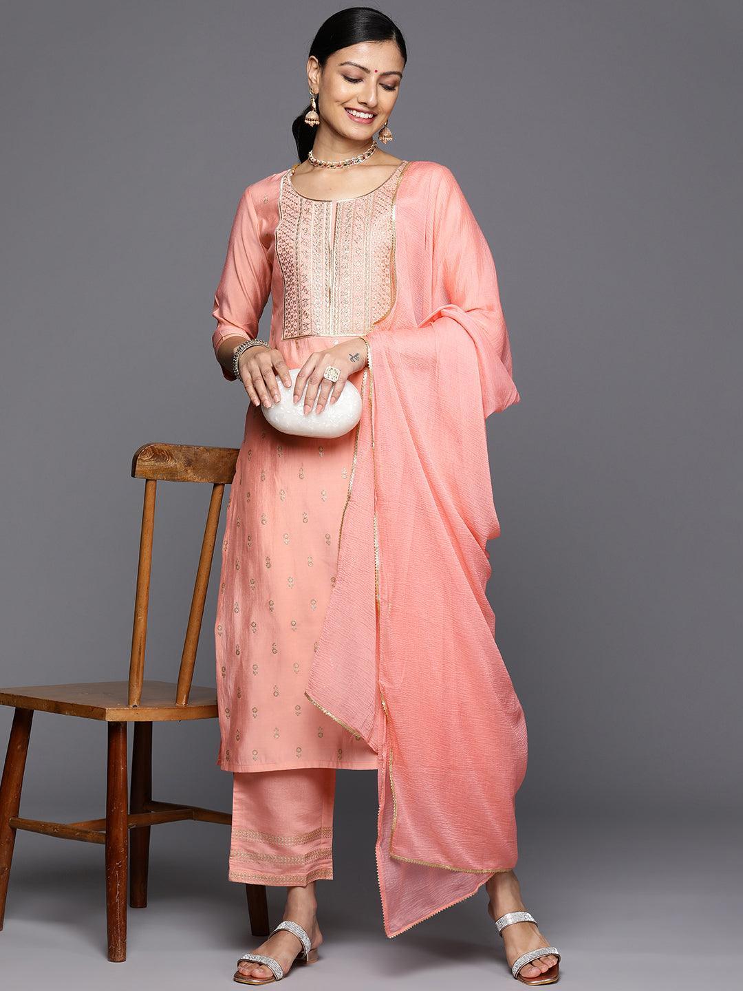 Peach Printed Silk Blend Straight Kurta With Trousers & Dupatta - Libas 