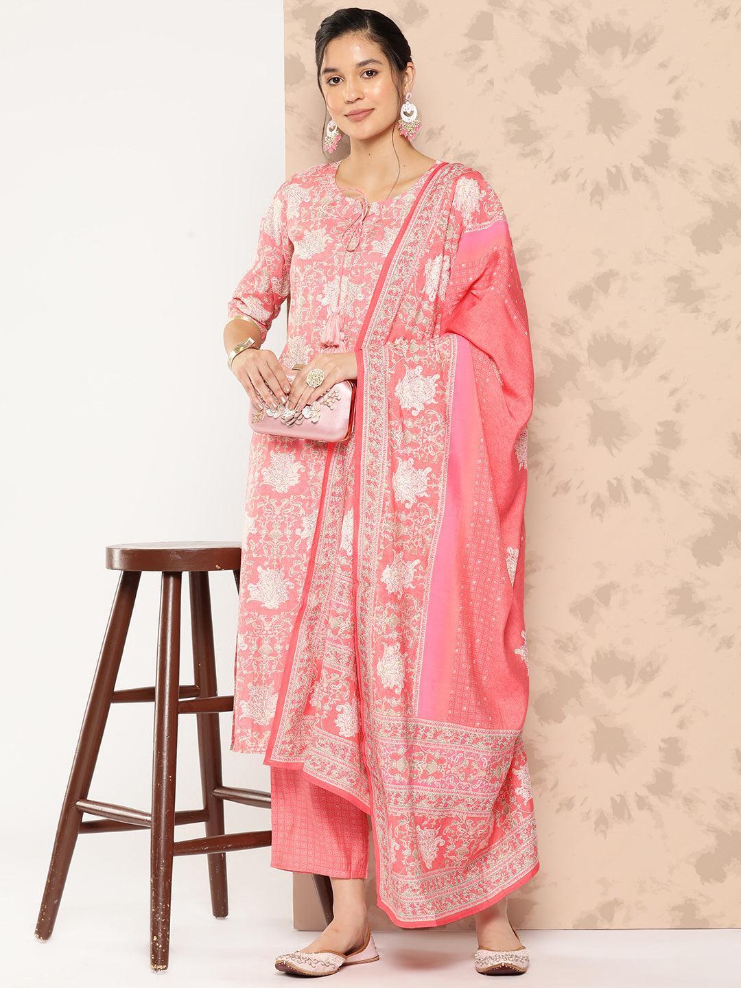 Peach Printed Silk Blend Straight Kurta With Trousers and Dupatta - Libas 