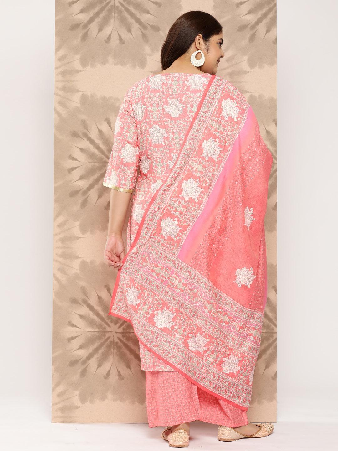 Peach Printed Silk Blend Straight Kurta With Trousers and Dupatta - Libas 