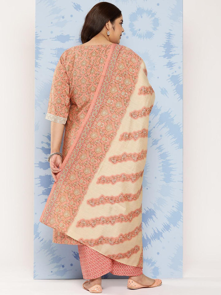 Peach Printed Silk Blend Straight Kurta With Trousers and Dupatta