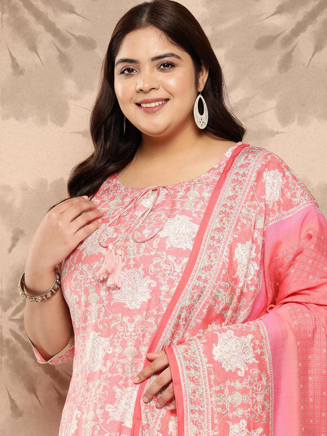 Peach Printed Silk Blend Straight Kurta With Trousers and Dupatta - Libas 