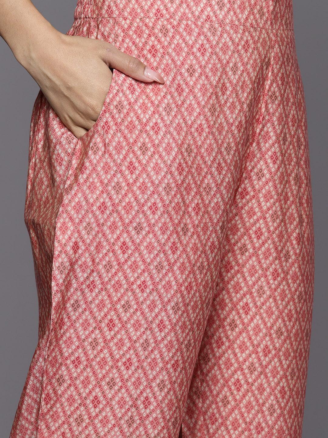 Peach Printed Silk Blend Straight Suit Set With Trousers - ShopLibas 