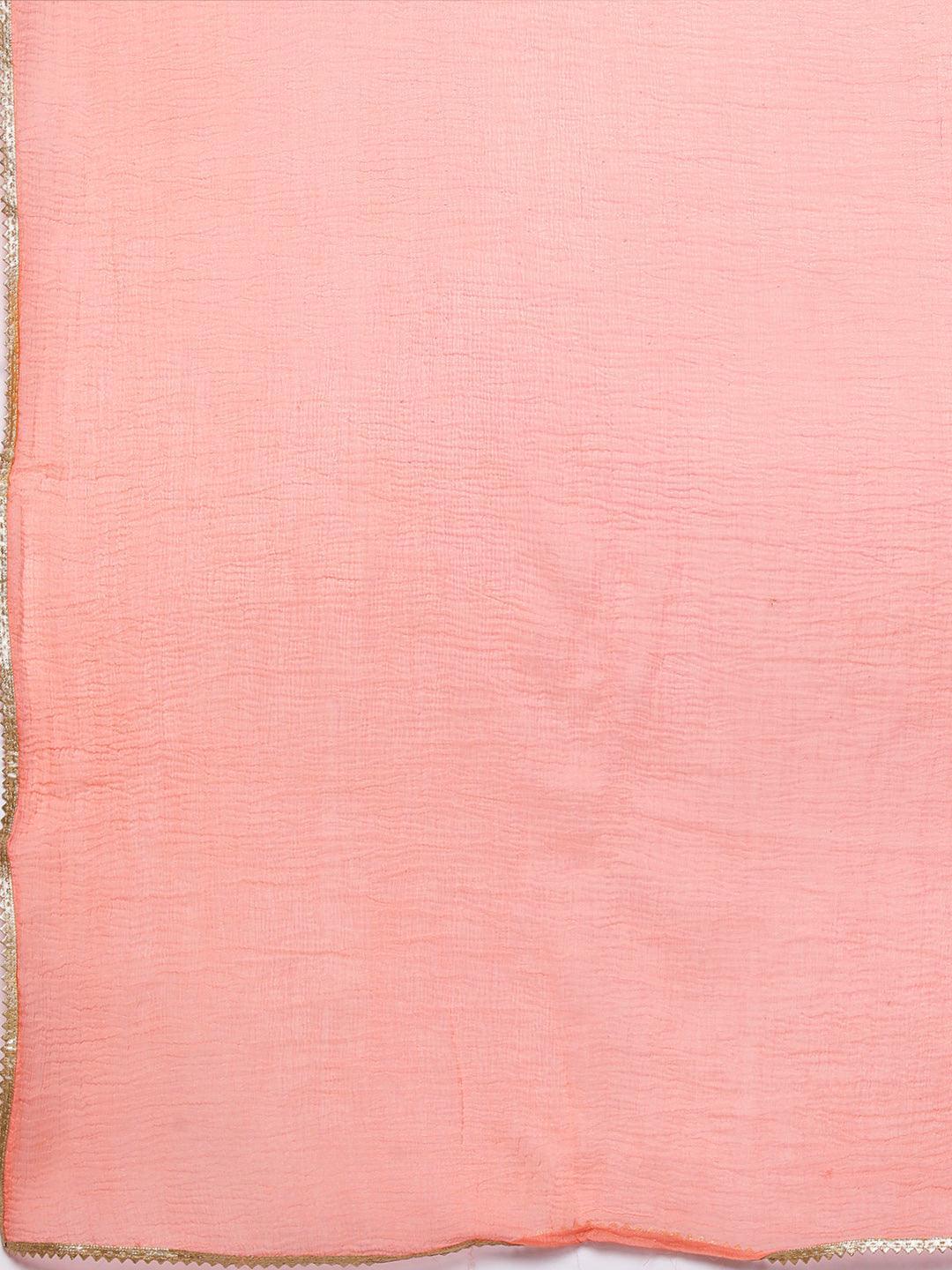 Peach Printed Silk Blend Straight Kurta With Trousers & Dupatta - Libas 