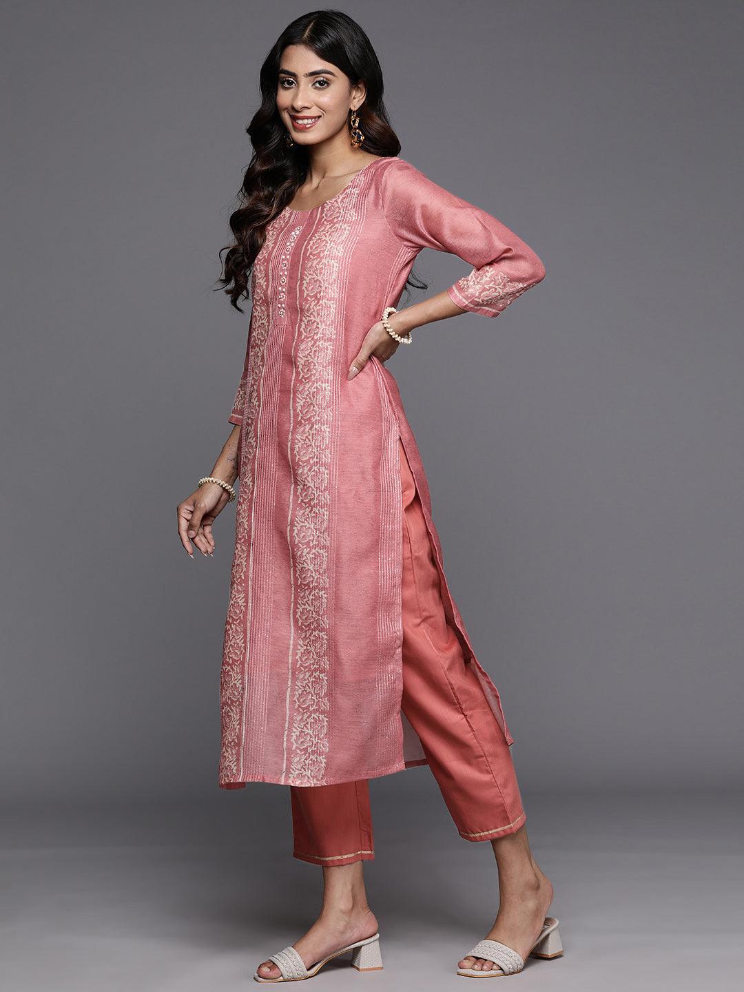 Peach Printed Silk Blend Straight Kurta With Trousers - Libas 