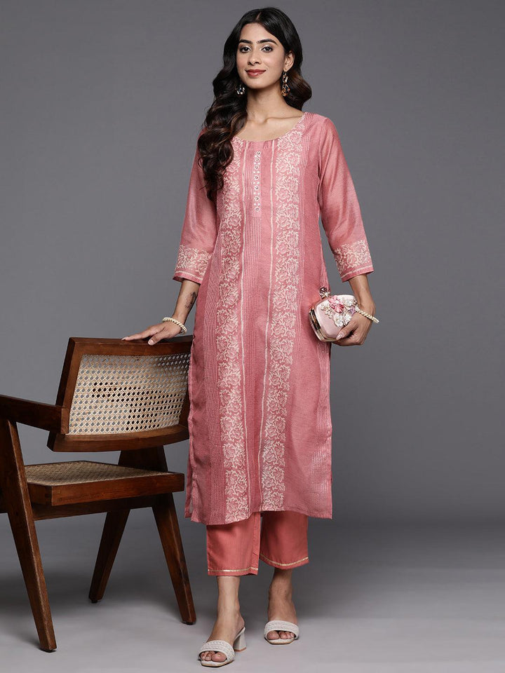 Peach Printed Silk Blend Straight Kurta With Trousers