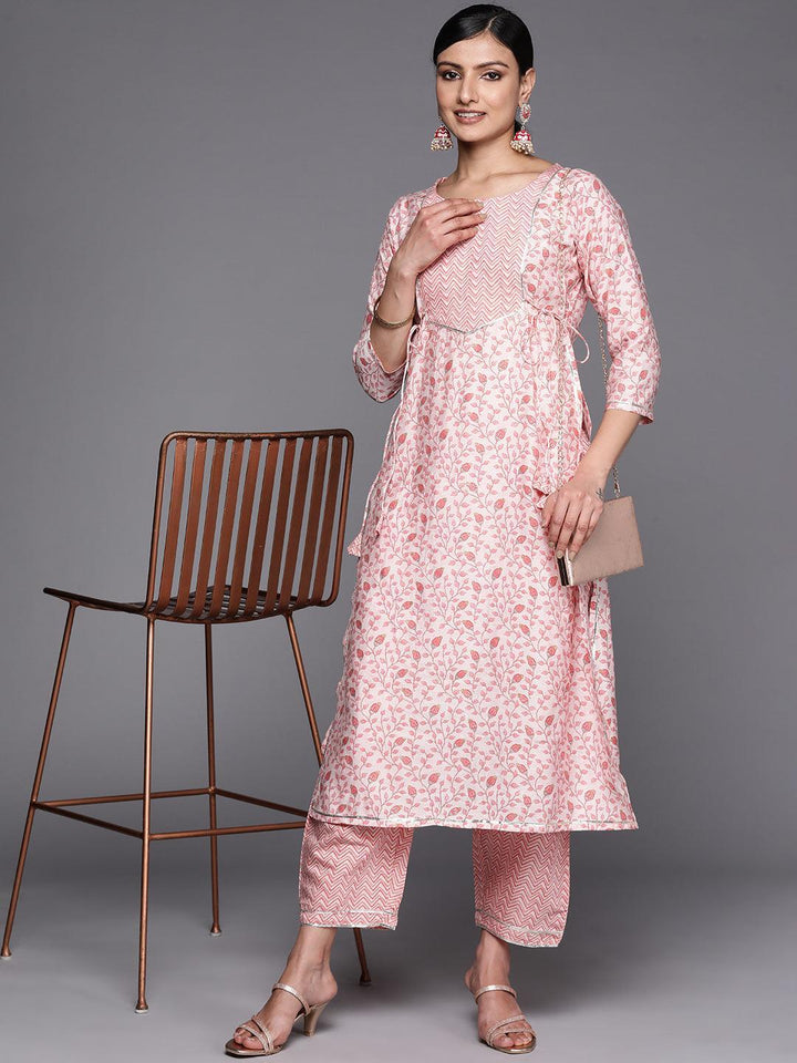 Peach Printed Silk Blend Straight Kurta Set With Trousers