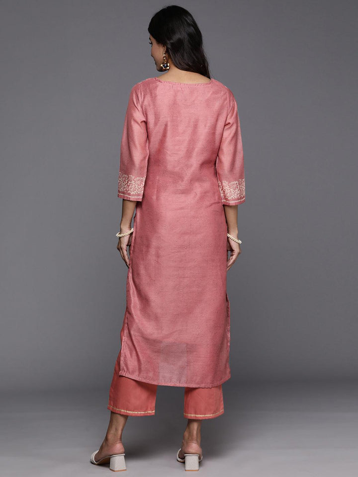 Peach Printed Silk Blend Straight Kurta With Trousers