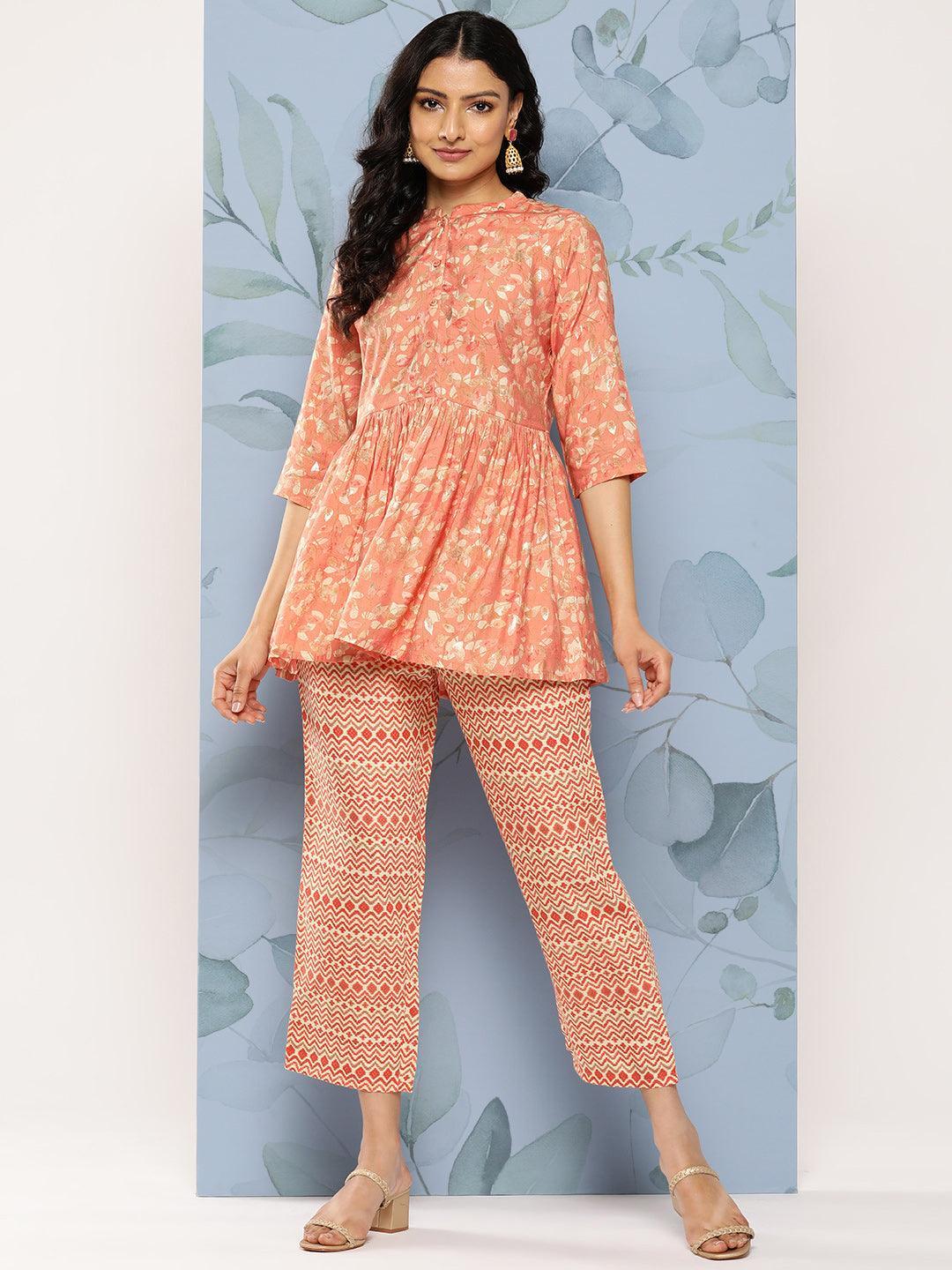 Peach Printed Silk Blend Co-Ords - Libas 