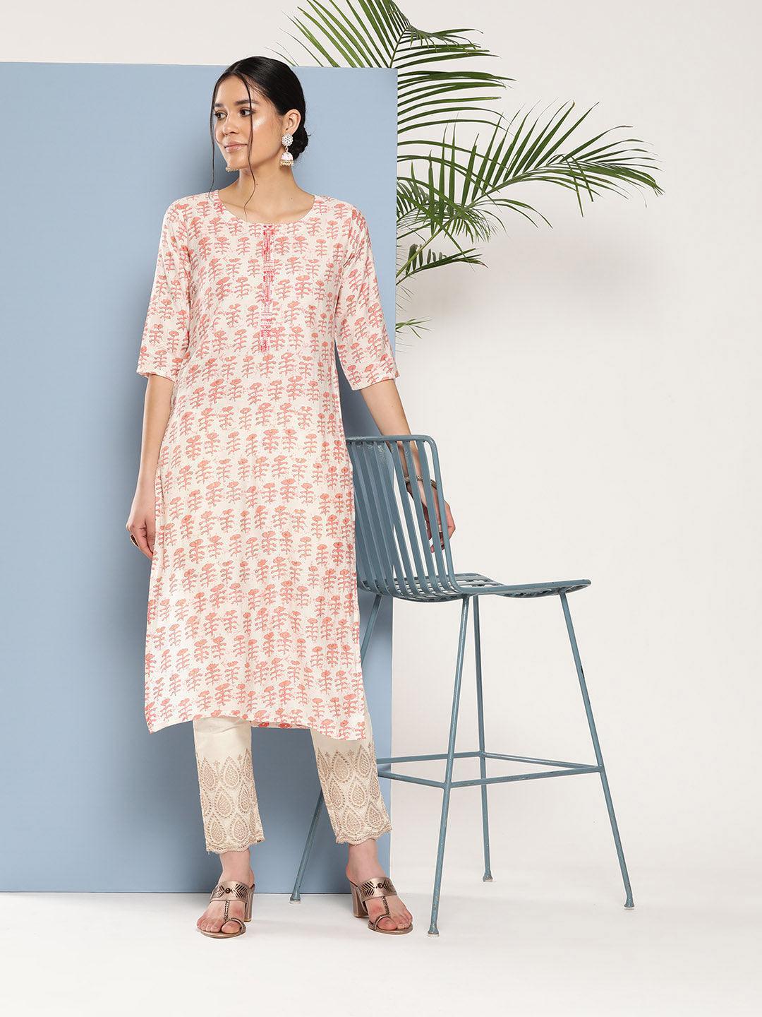 Peach Printed Silk Straight Kurta - ShopLibas