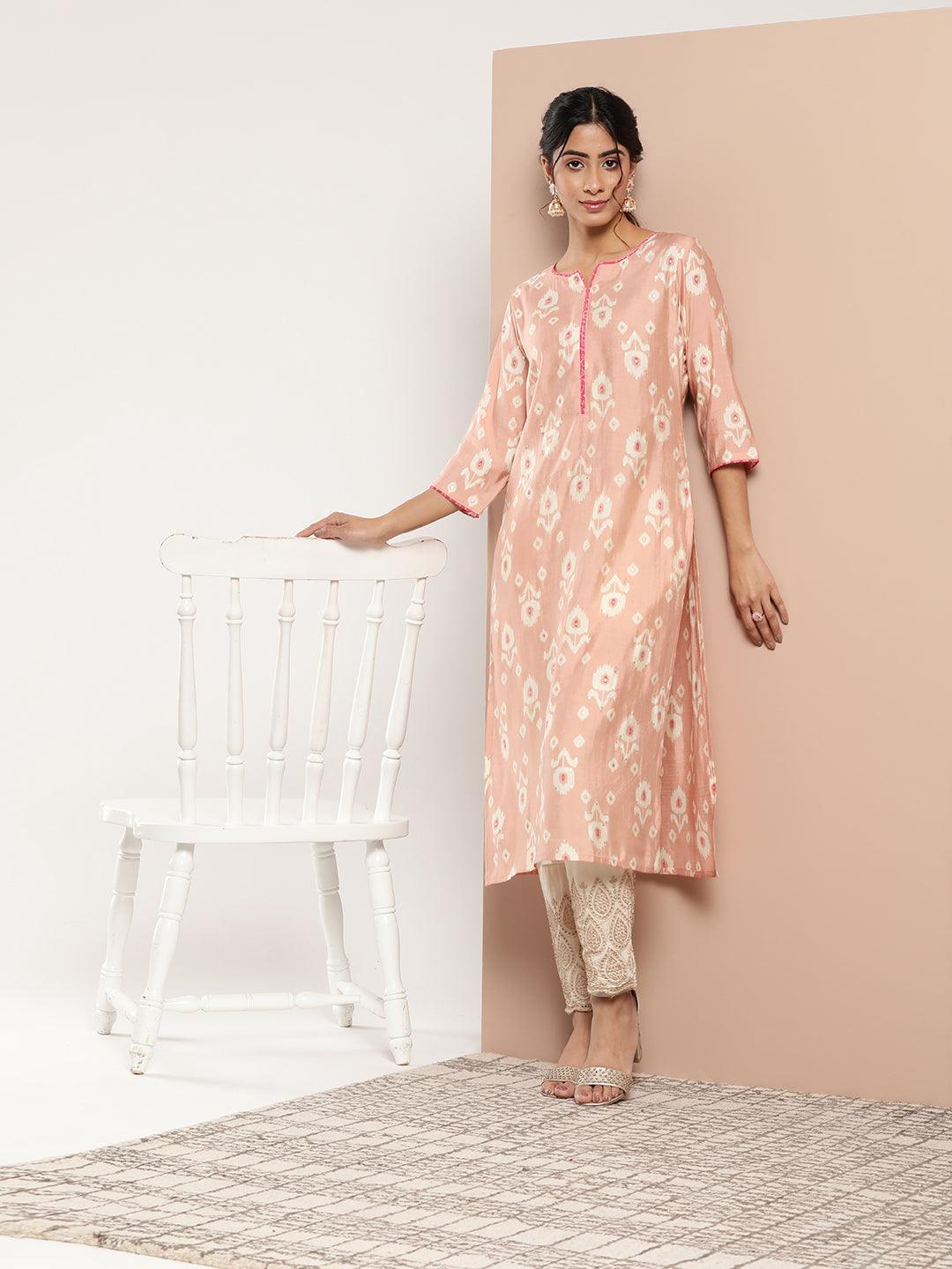 Peach Printed Silk Straight Kurta - ShopLibas