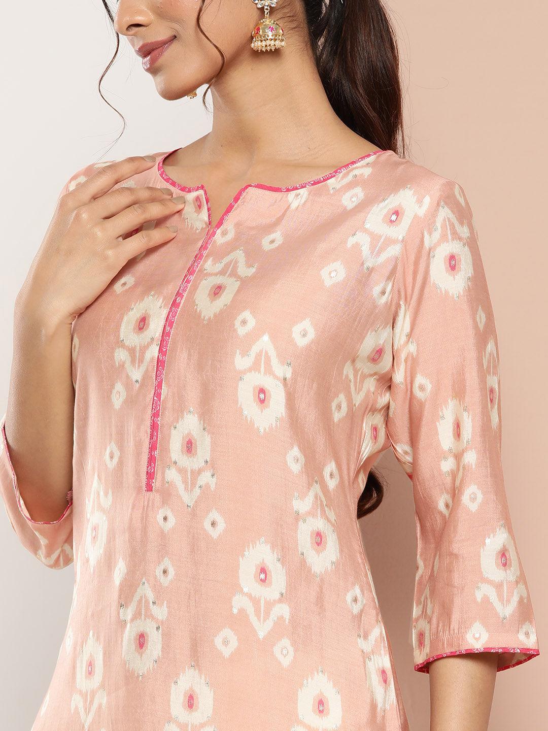 Peach Printed Silk Straight Kurta - ShopLibas 