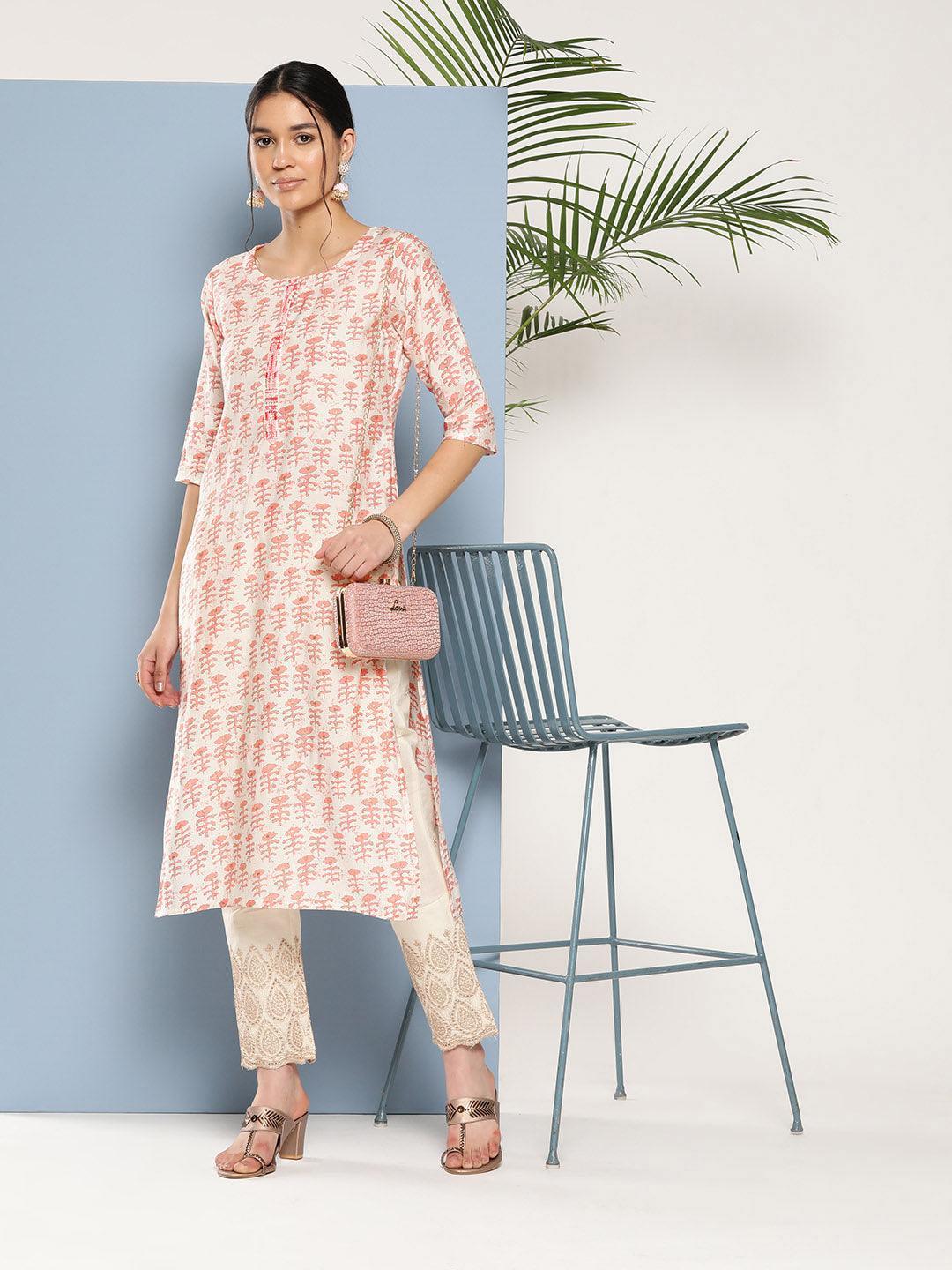 Peach Printed Silk Straight Kurta - ShopLibas