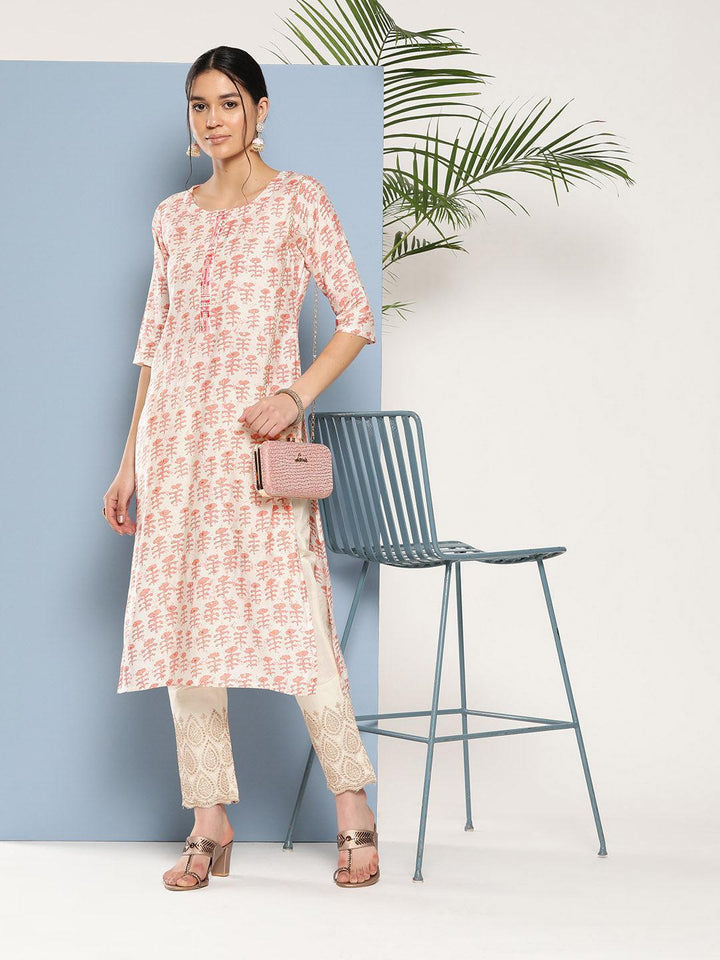 Peach Printed Silk Straight Kurta - ShopLibas