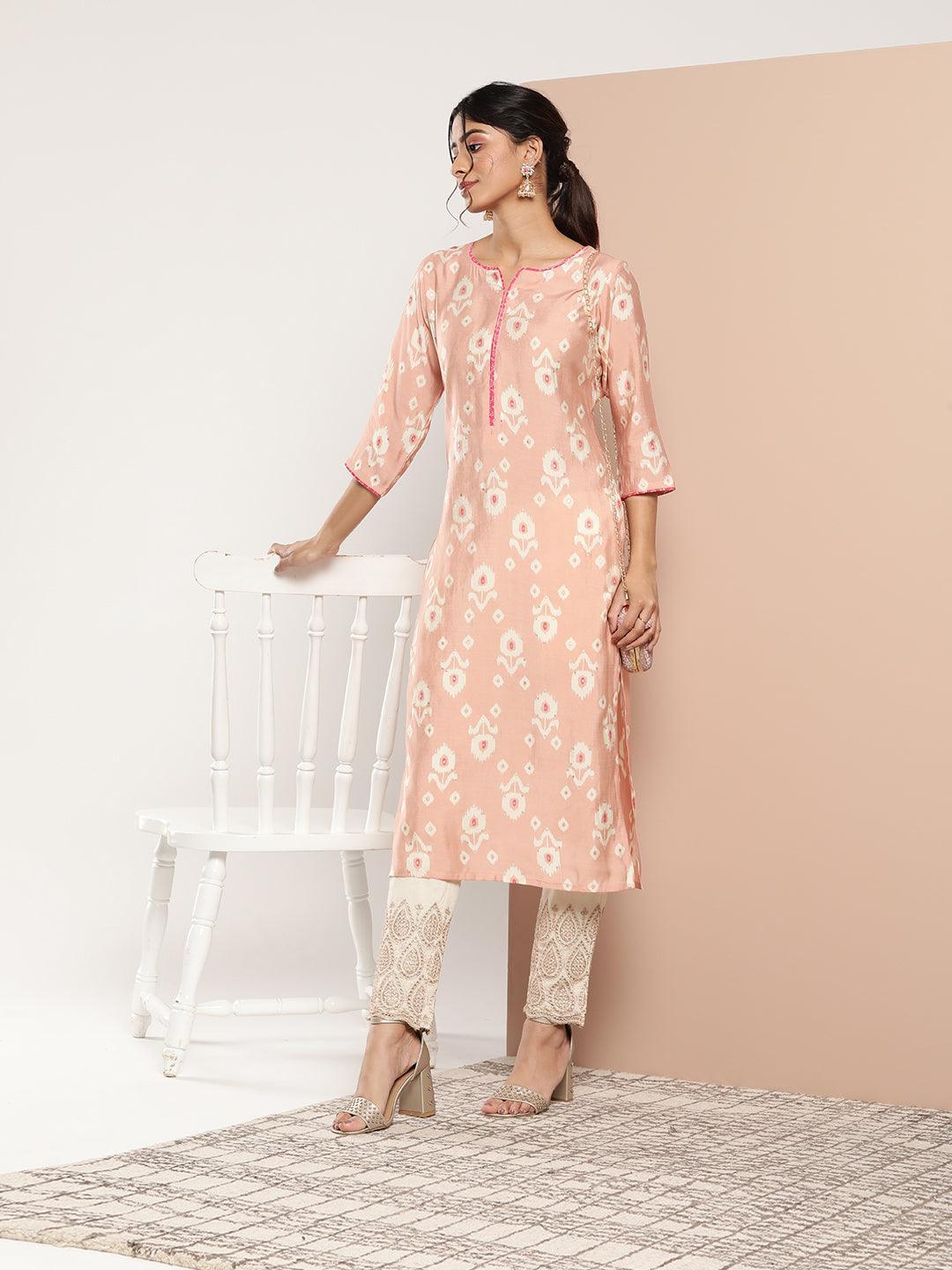 Peach Printed Silk Straight Kurta - ShopLibas 