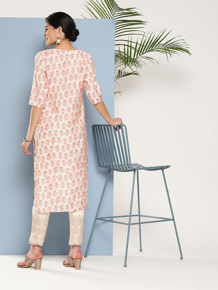 Peach Printed Silk Straight Kurta - ShopLibas