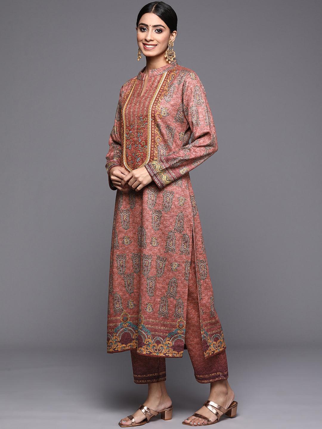 Peach Printed Wool Straight Suit Set - ShopLibas 