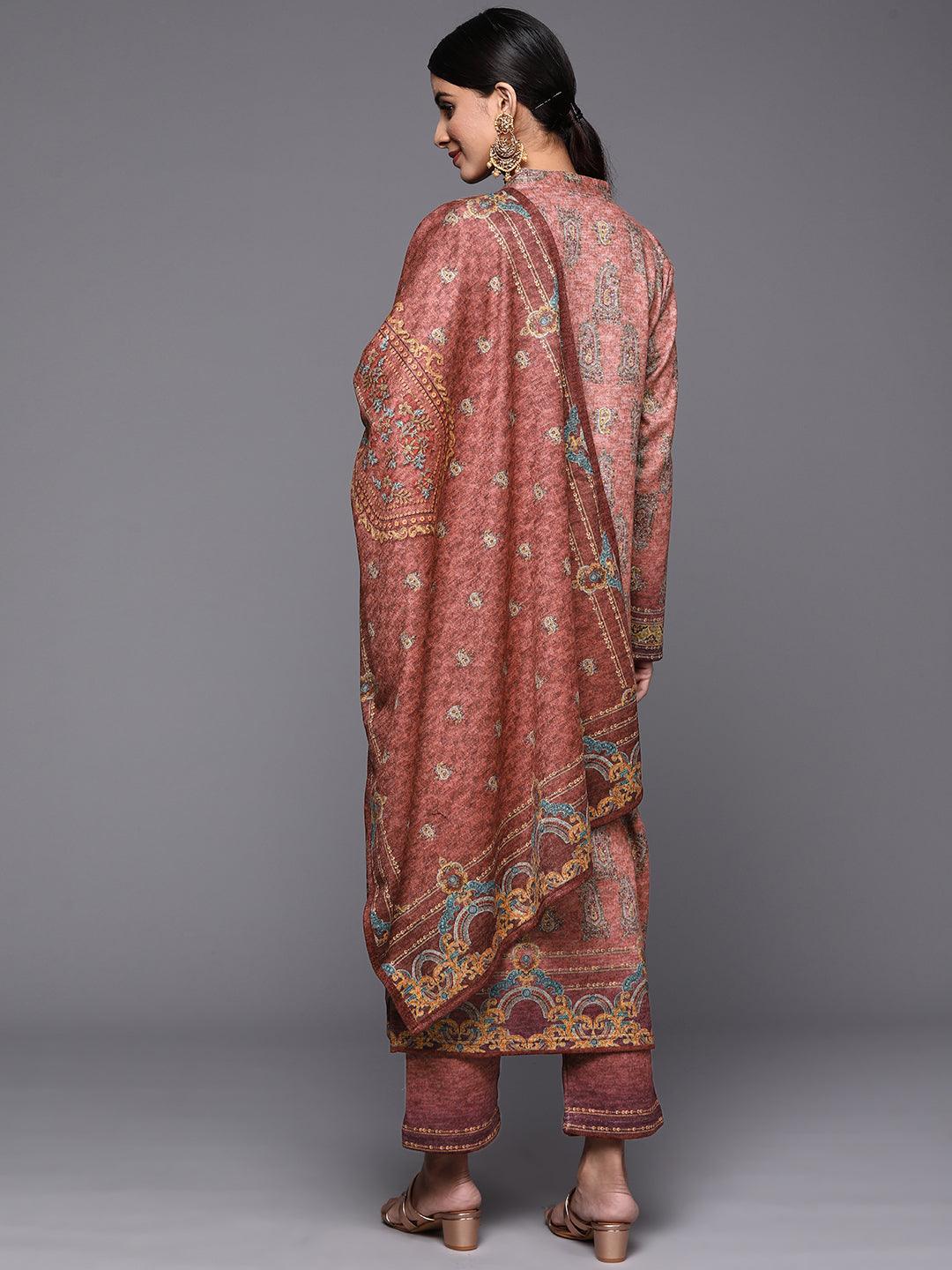 Peach Printed Wool Straight Suit Set - ShopLibas 