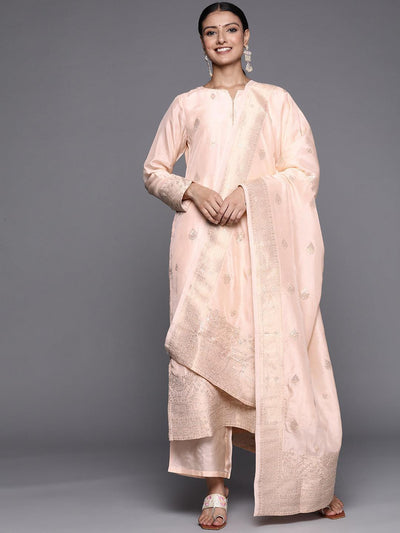 Peach Self Design Chanderi Silk Straight Suit Set - ShopLibas