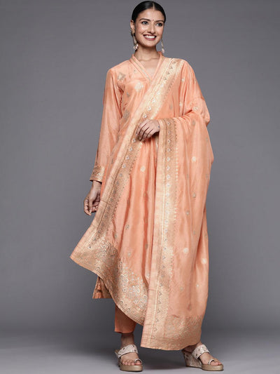 Peach Self Design Chanderi Silk Straight Suit Set - ShopLibas