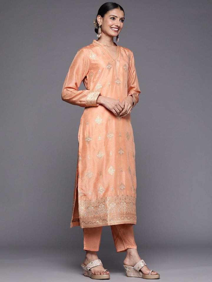 Peach Self Design Chanderi Silk Straight Suit Set - ShopLibas