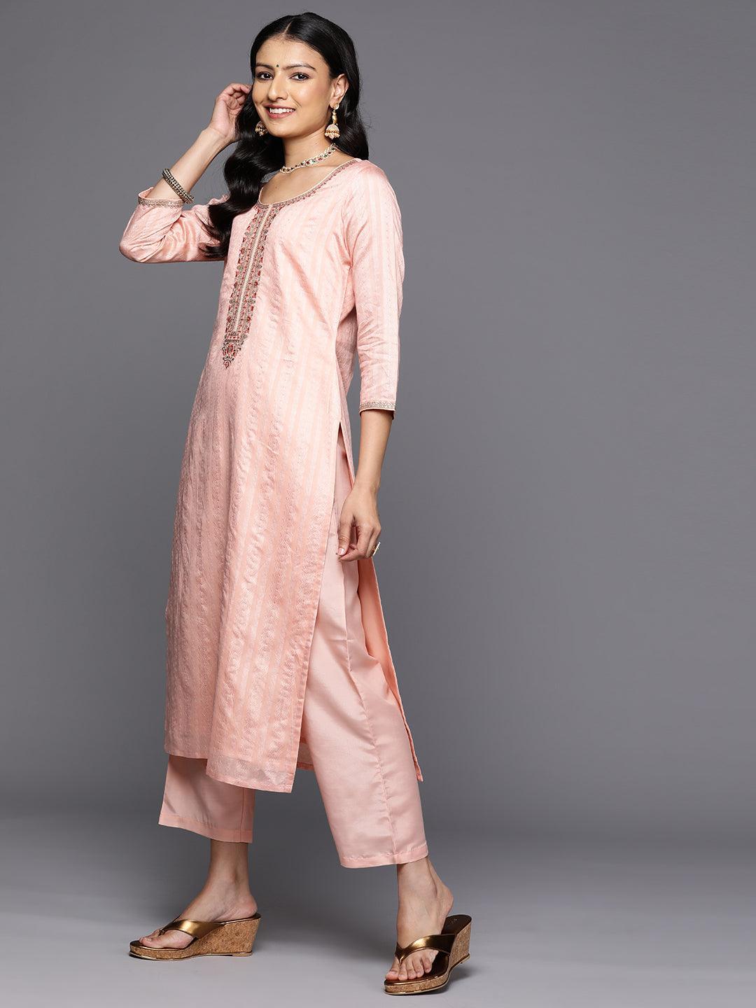 Peach Self Design Rayon Straight Kurta With Trousers & Dupatta - Libas 