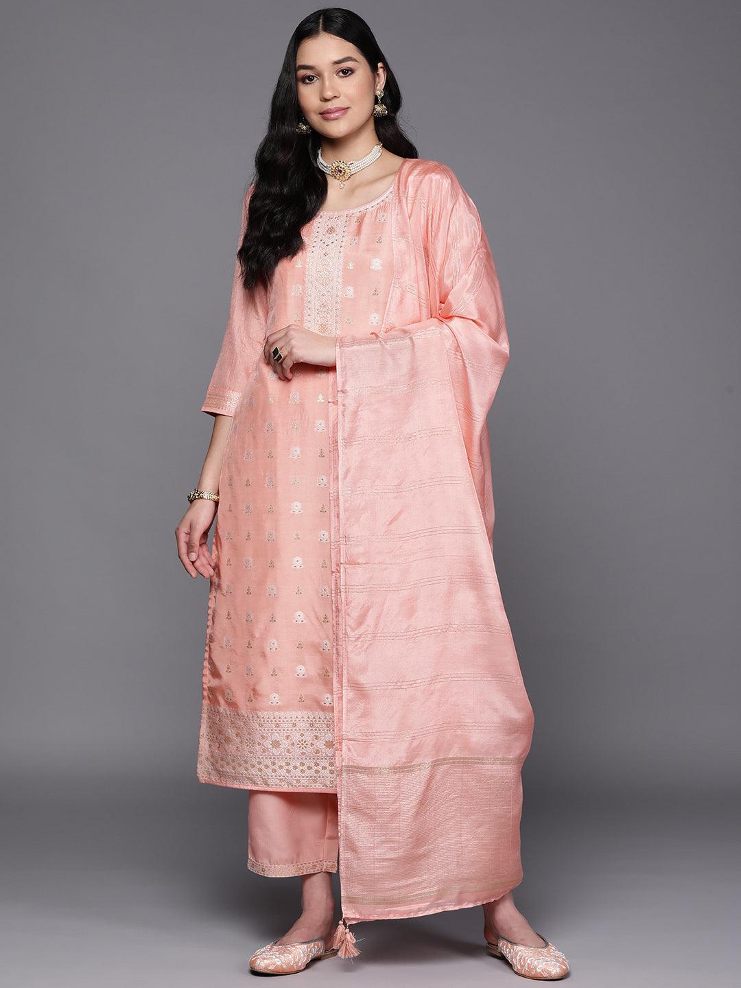 Peach Self Design Silk Blend Suit Set With Trousers - ShopLibas