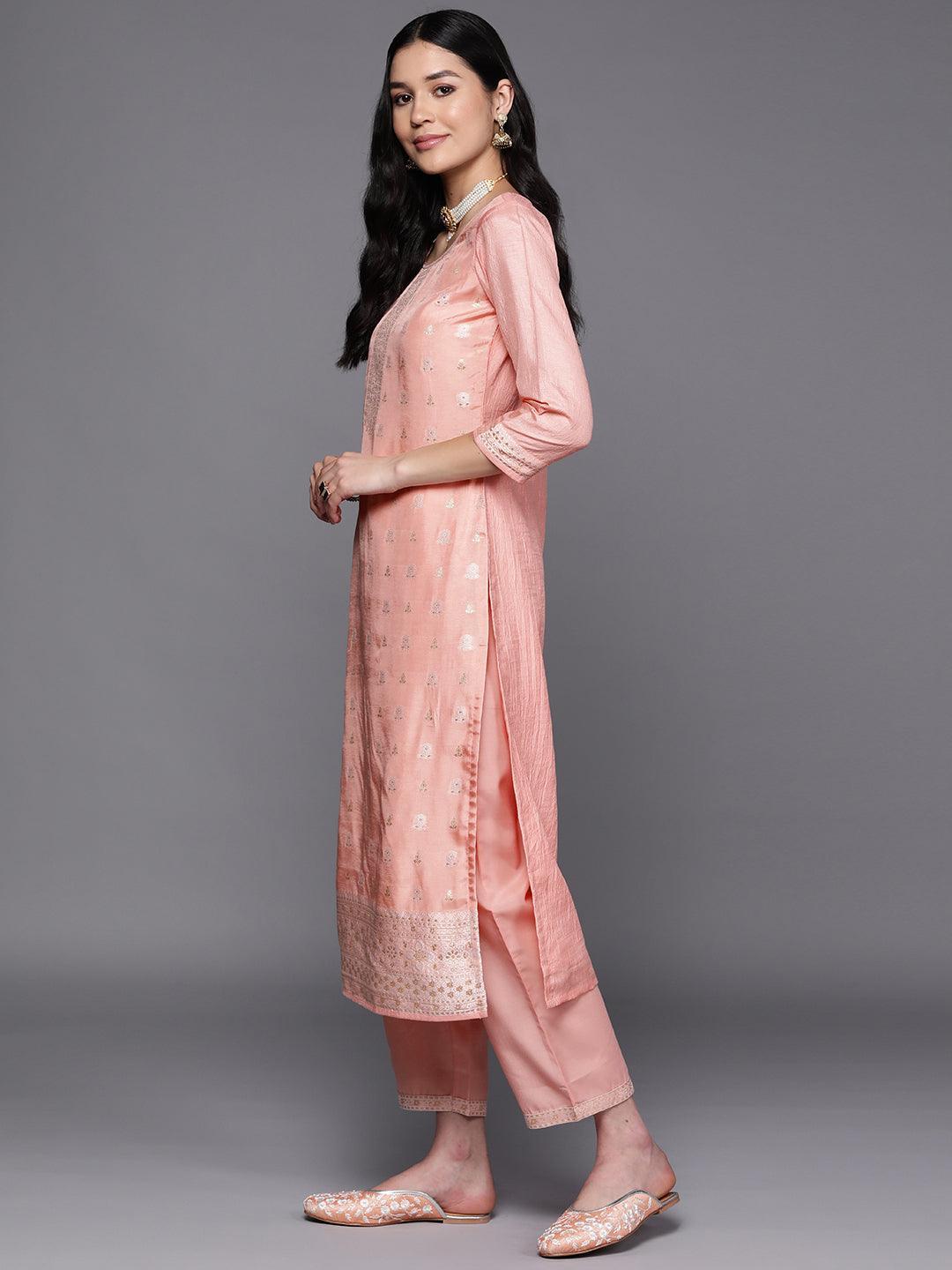 Peach Self Design Silk Blend Suit Set With Trousers - ShopLibas 