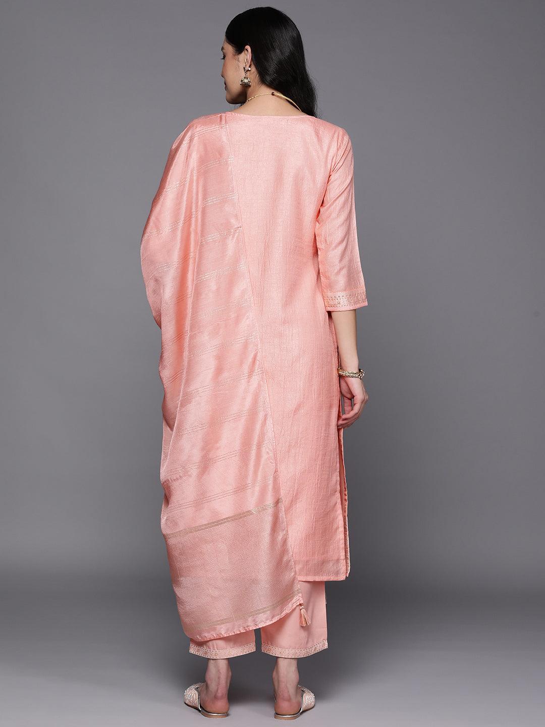 Peach Self Design Silk Blend Suit Set With Trousers - ShopLibas 