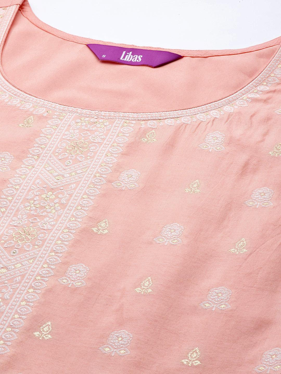 Peach Self Design Silk Blend Suit Set With Trousers - ShopLibas 