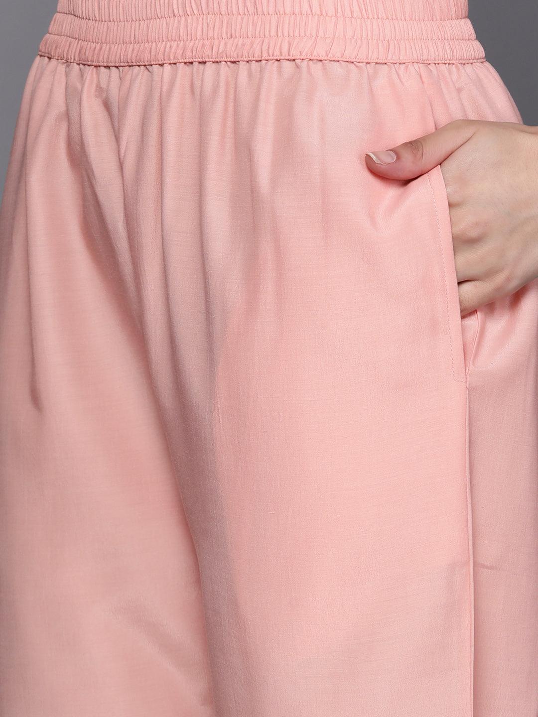 Peach Self Design Silk Blend Suit Set With Trousers - ShopLibas 
