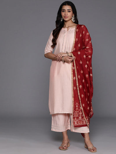 Peach Solid Silk Blend Straight Suit With Dupatta