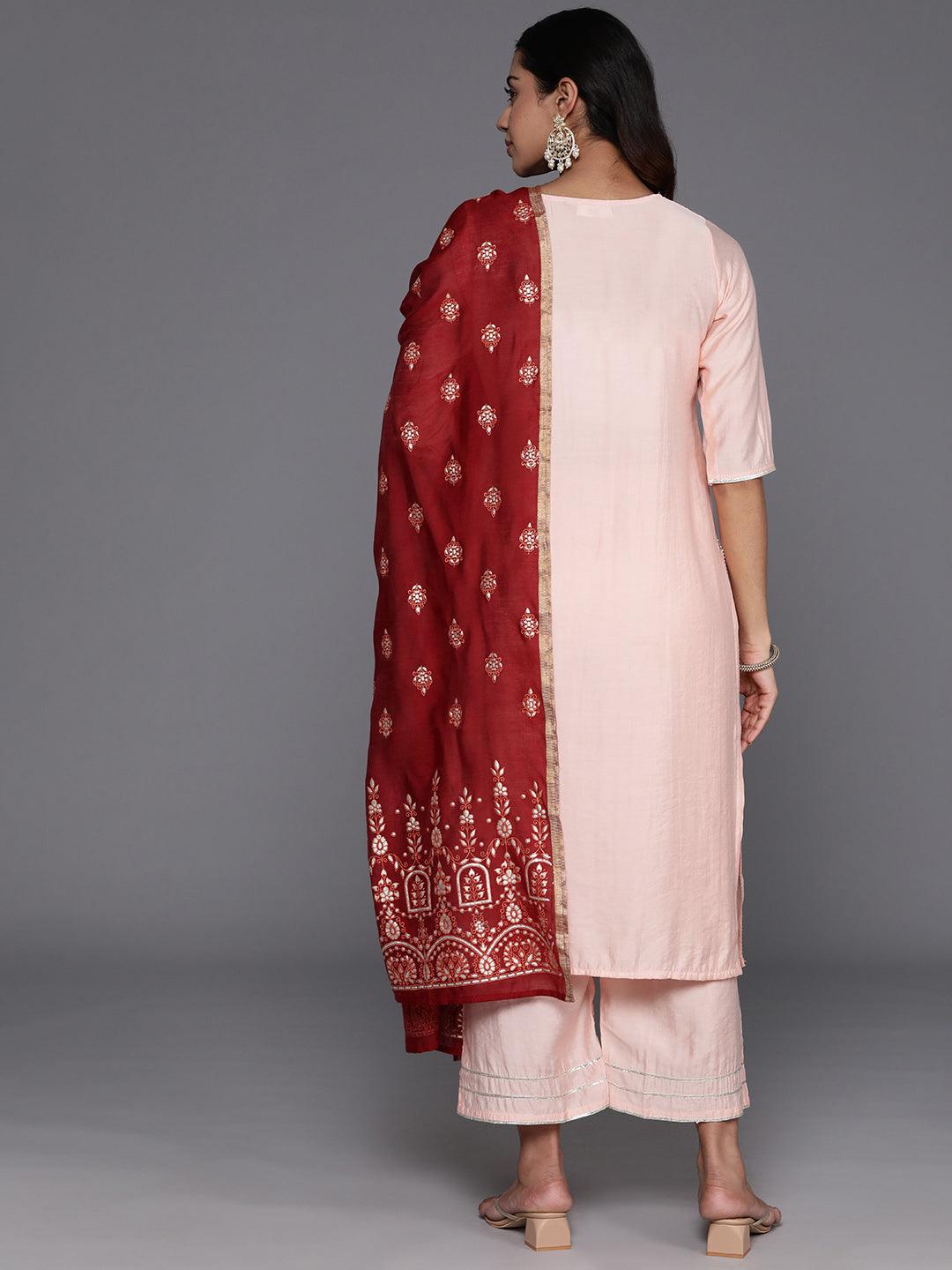 Peach Solid Silk Blend Straight Suit With Dupatta