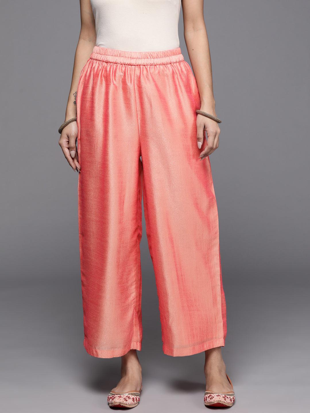 Peach Solid Silk Palazzos - ShopLibas