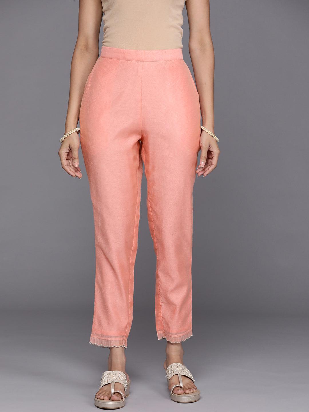 Peach Solid Silk Trousers - ShopLibas