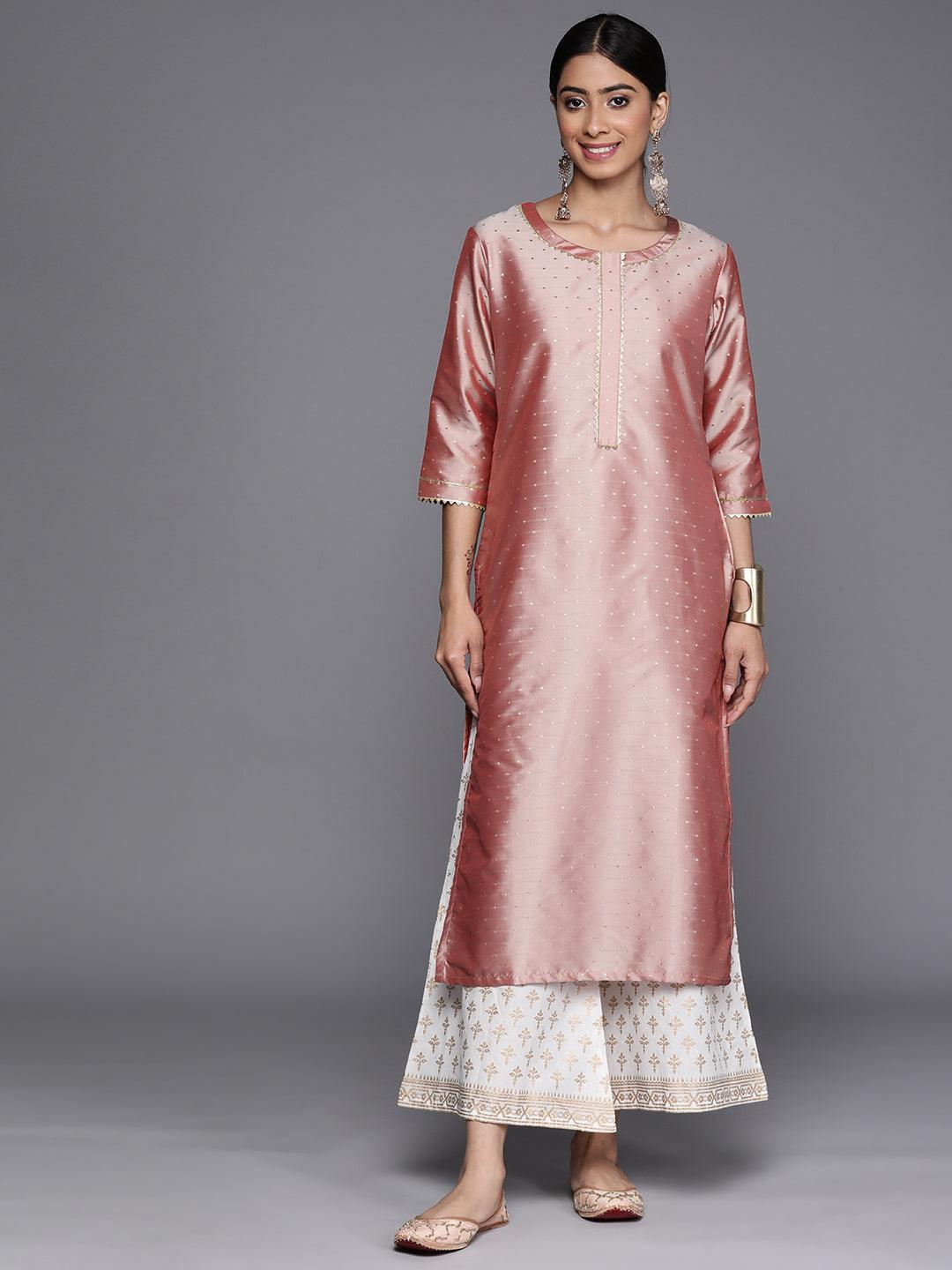 Peach Woven Design Art Silk Straight Kurta - ShopLibas