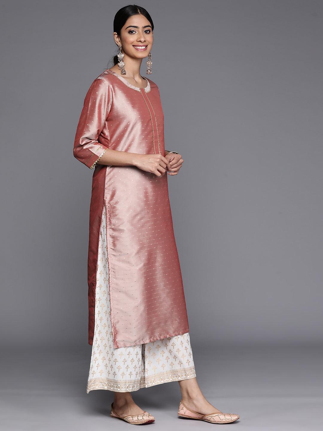 Peach Woven Design Art Silk Straight Kurta - ShopLibas 