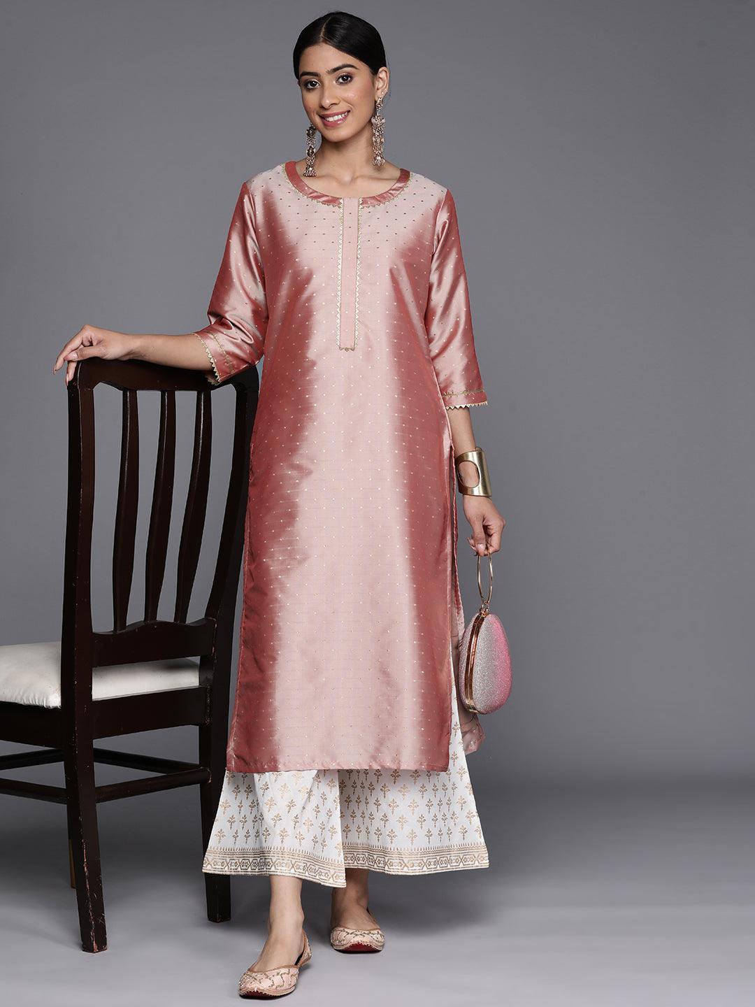 Peach Woven Design Art Silk Straight Kurta - ShopLibas 