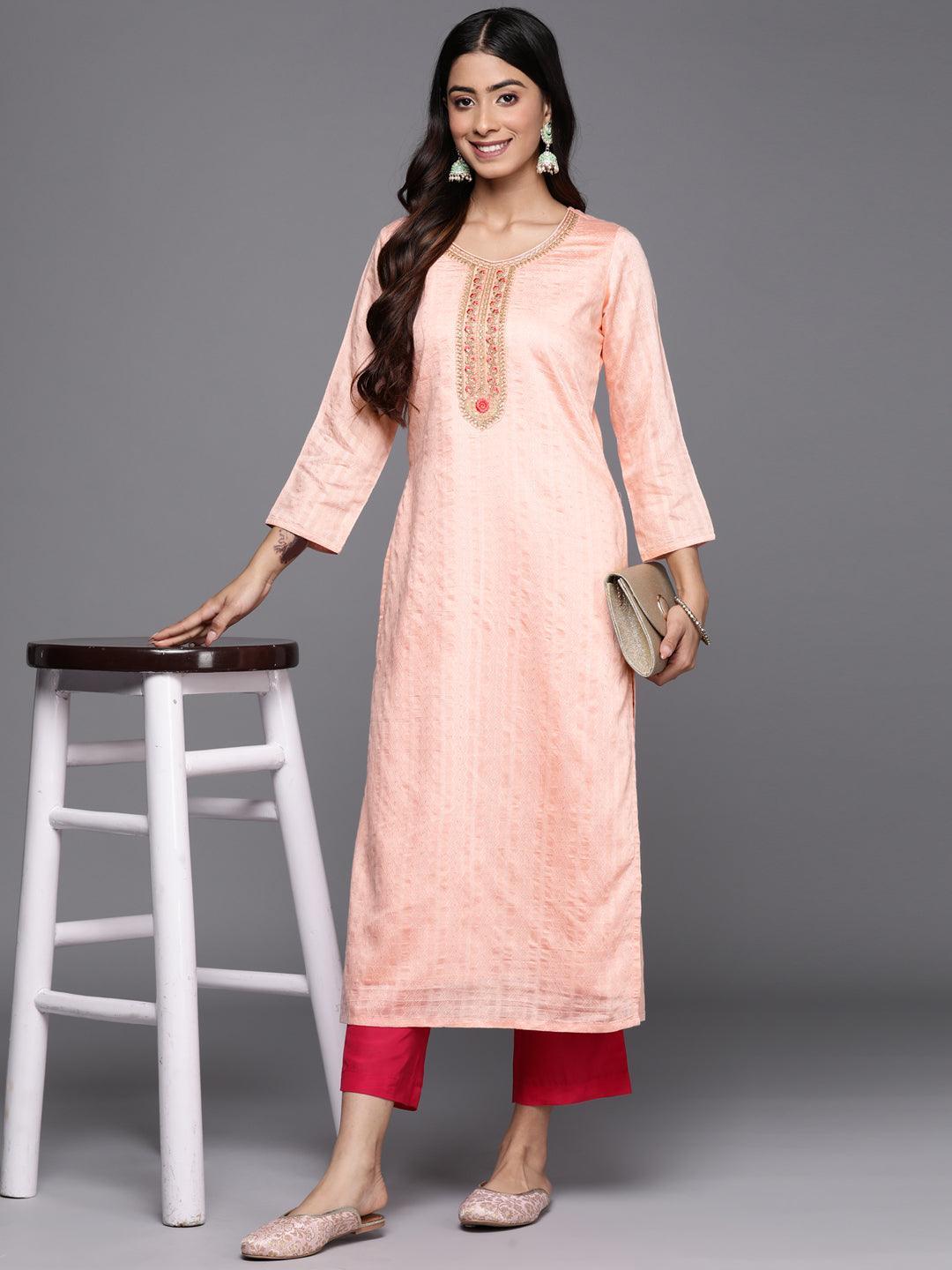 Peach Woven Design Rayon Straight Kurta - ShopLibas 