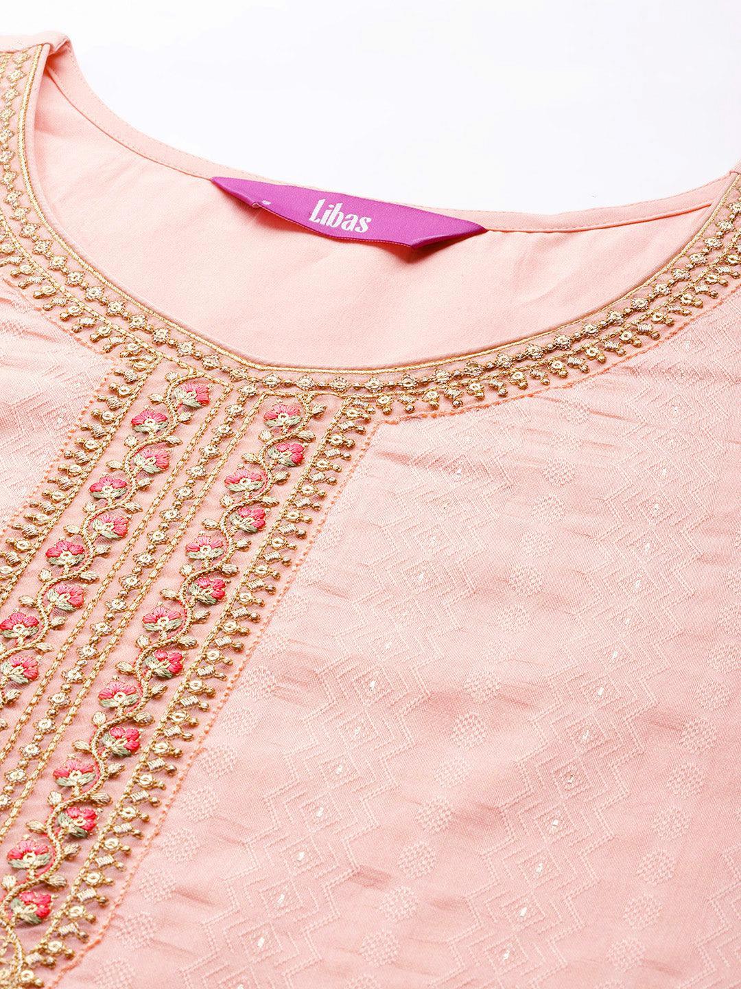 Peach Woven Design Rayon Straight Kurta - ShopLibas 