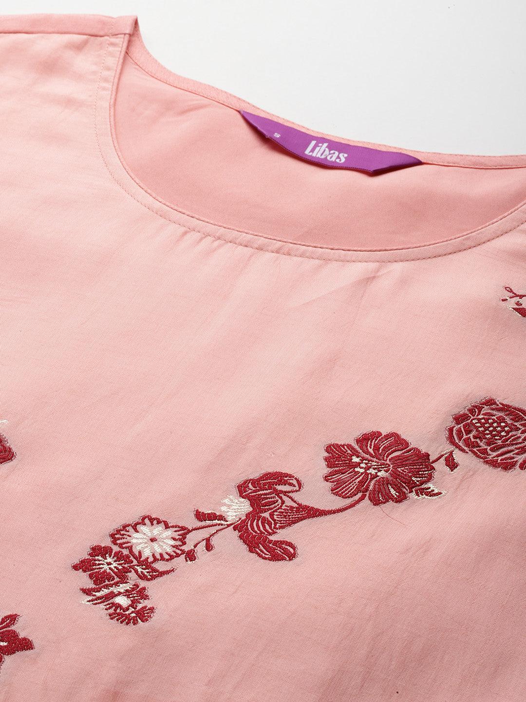 Peach Woven Design Silk Blend Straight Kurta With Trousers & Dupatta - Libas 
