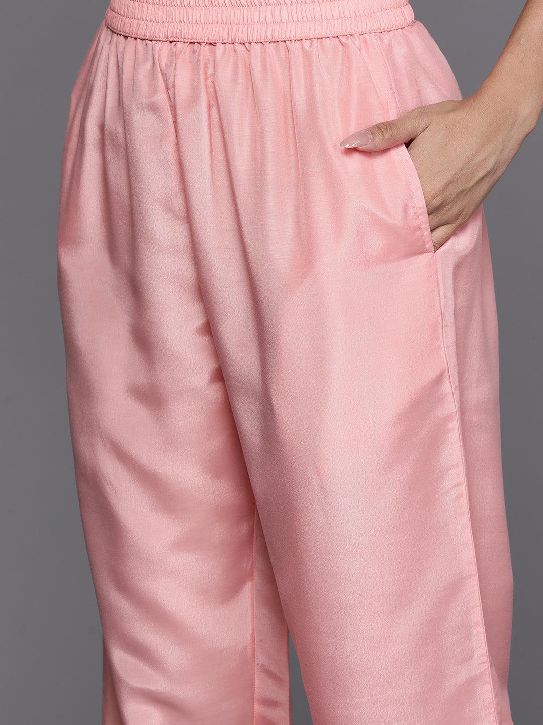 Peach Woven Design Silk Blend Straight Kurta With Trousers & Dupatta - Libas 