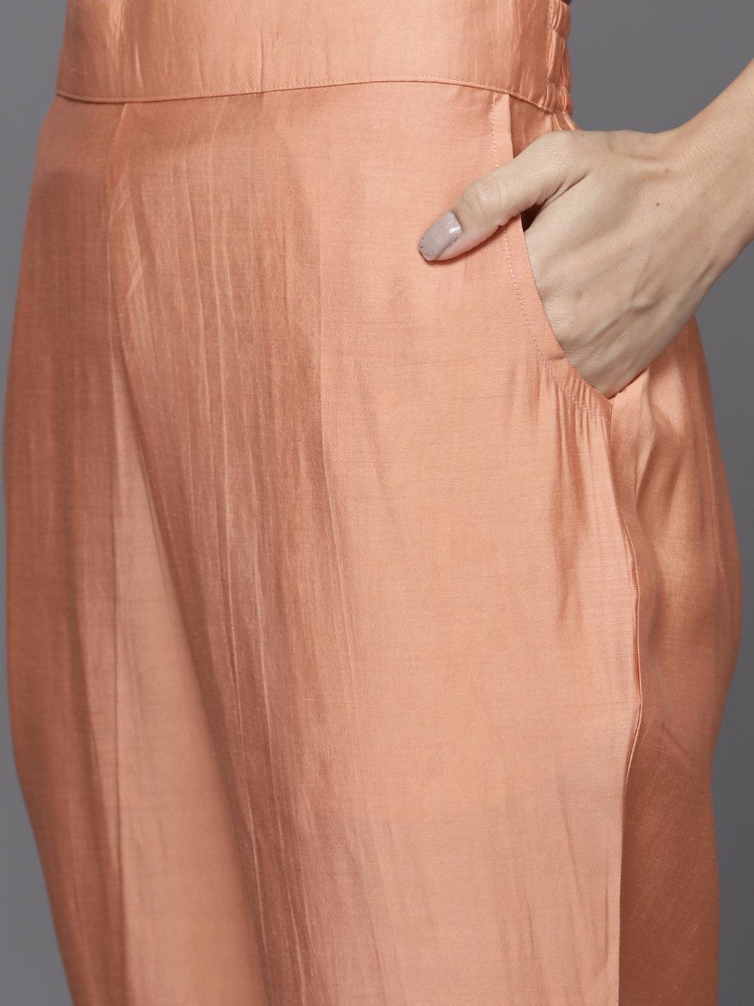 Peach Yoke Design Chanderi Silk Straight Suit Set - ShopLibas