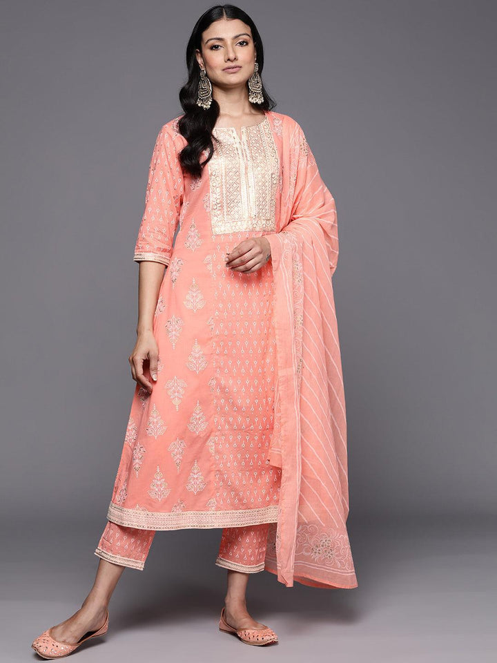 Peach Yoke Design Cotton A-Line Suit Set With Trousers