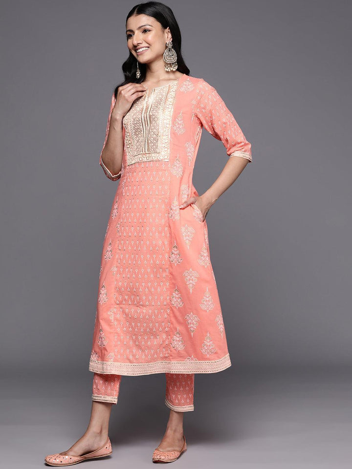 Peach Yoke Design Cotton A-Line Suit Set With Trousers