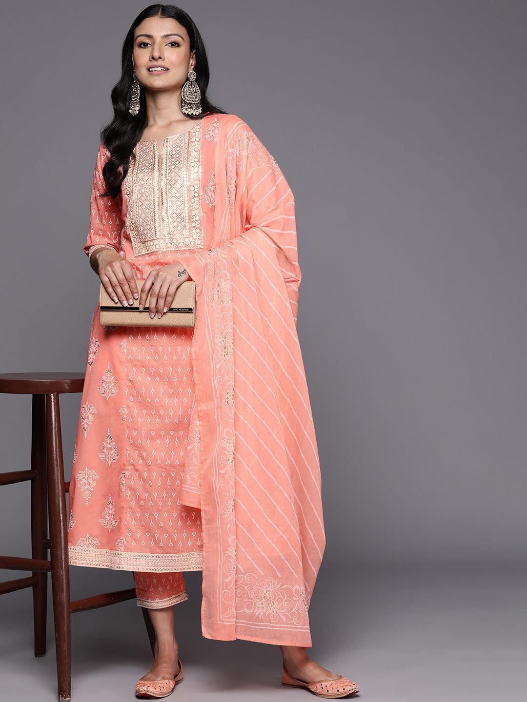 Peach Yoke Design Cotton A-Line Suit Set With Trousers - ShopLibas 
