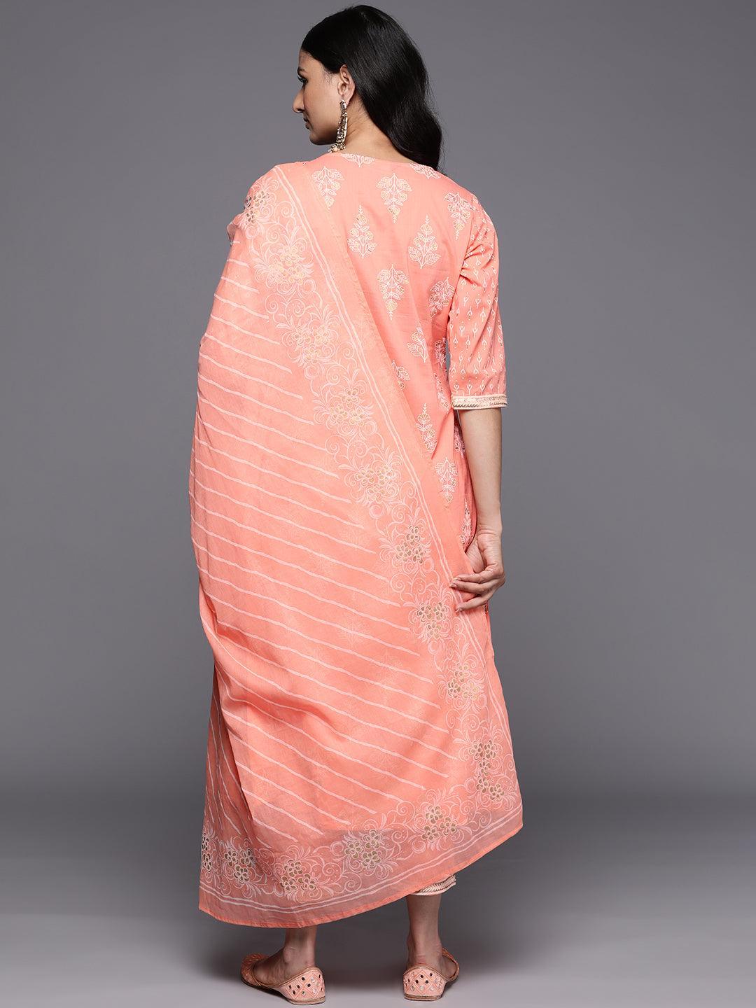 Peach Yoke Design Cotton A-Line Suit Set With Trousers - ShopLibas 
