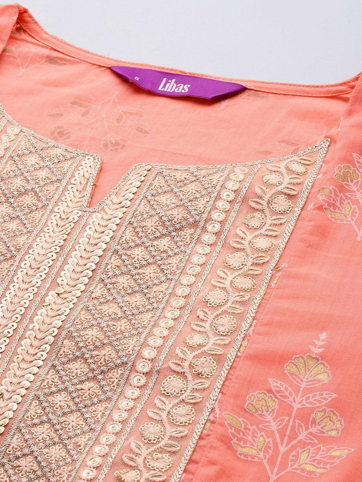 Peach Yoke Design Cotton A-Line Suit Set With Trousers