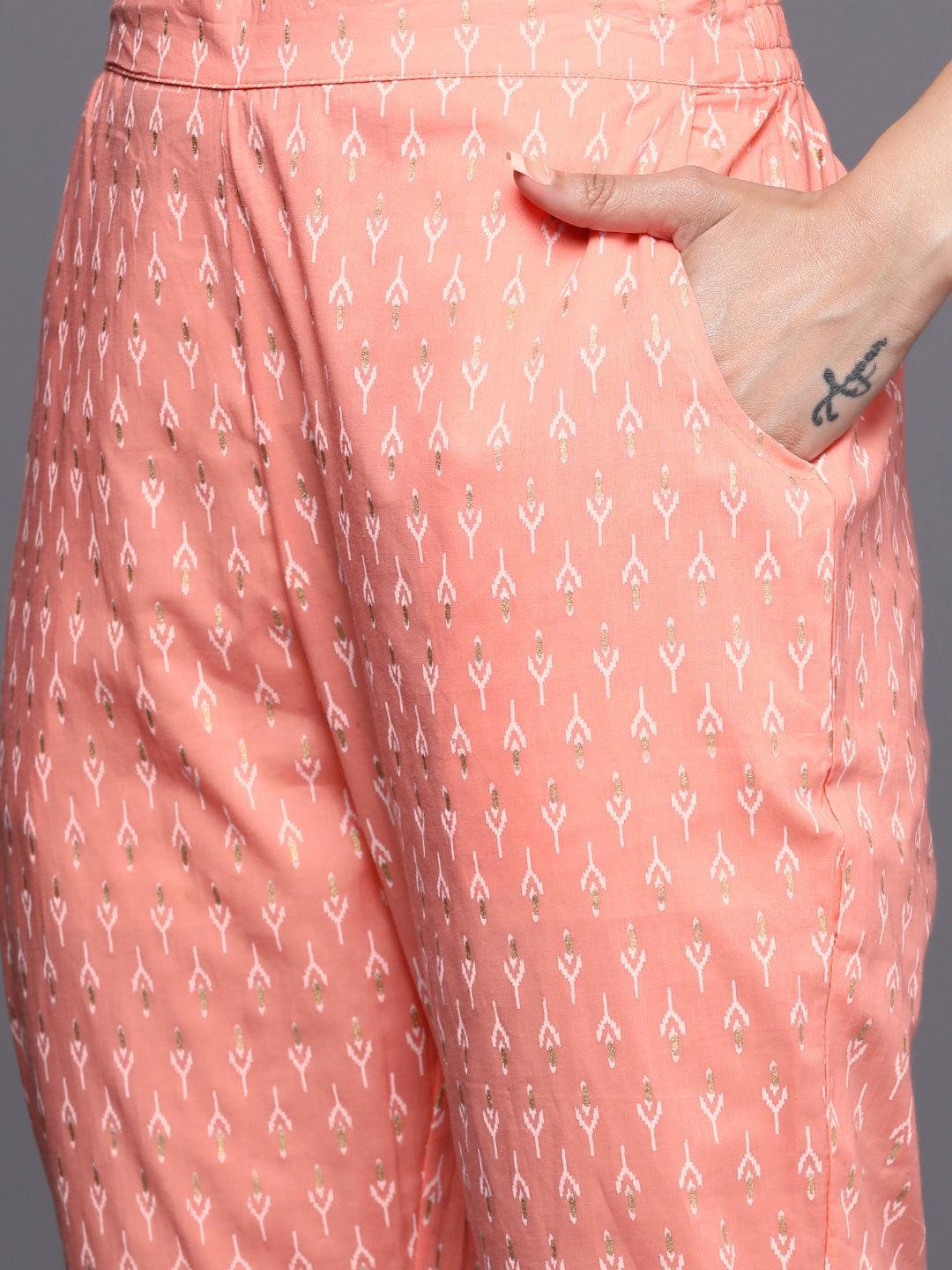 Peach Yoke Design Cotton A-Line Suit Set With Trousers - ShopLibas 